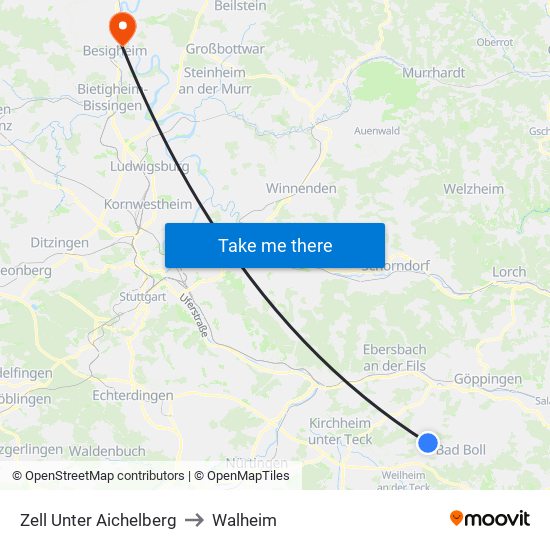 Zell Unter Aichelberg to Walheim map