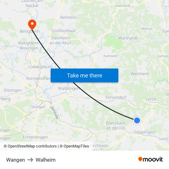 Wangen to Walheim map