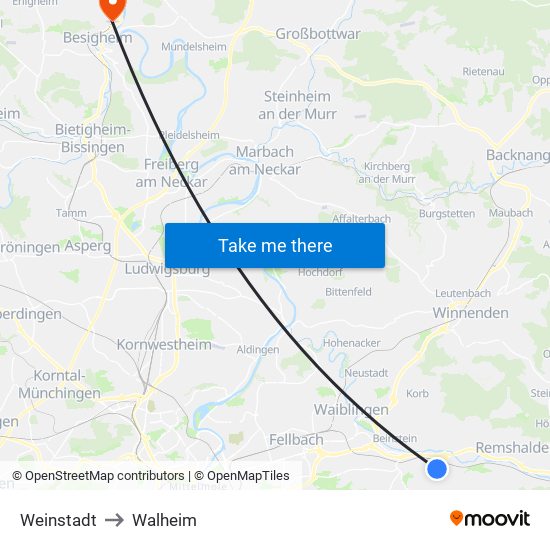 Weinstadt to Walheim map