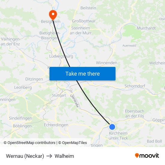 Wernau (Neckar) to Walheim map