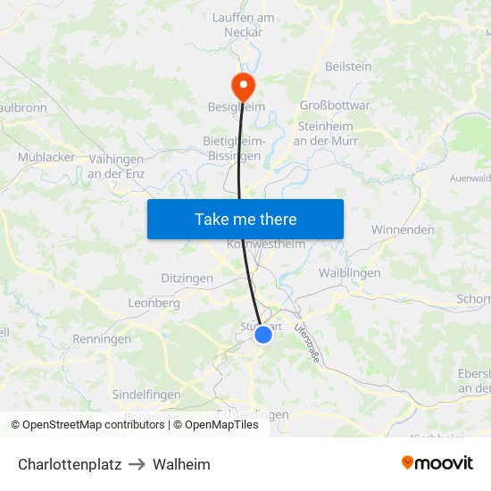 Charlottenplatz to Walheim map