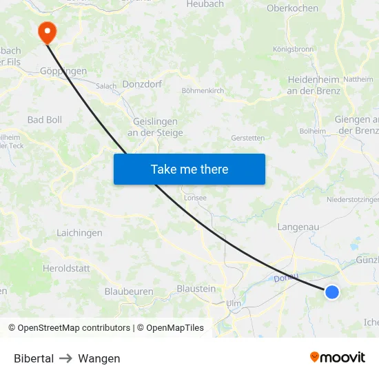 Bibertal to Wangen map