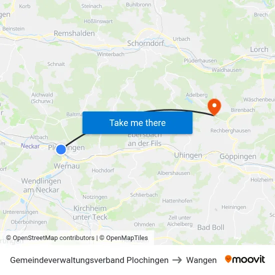Gemeindeverwaltungsverband Plochingen to Wangen map