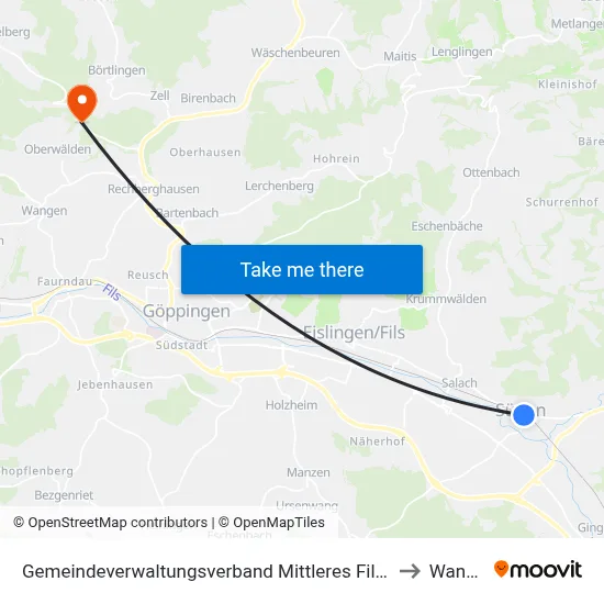 Gemeindeverwaltungsverband Mittleres Fils-Lautertal to Wangen map