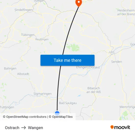 Ostrach to Wangen map