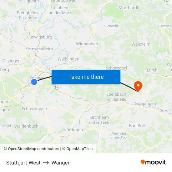Stuttgart-West to Wangen map