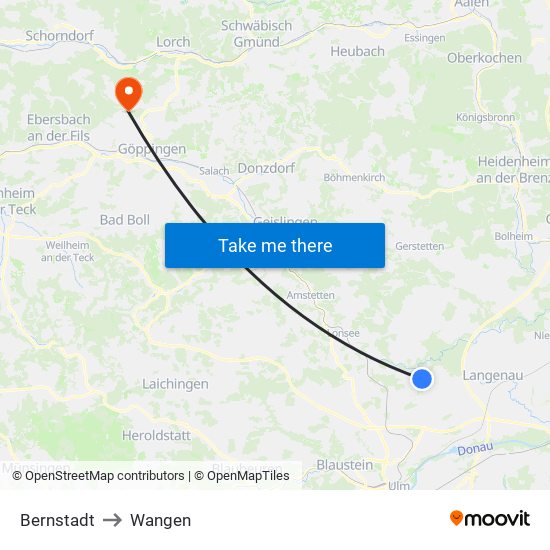 Bernstadt to Wangen map