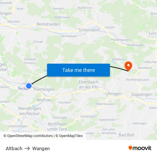 Altbach to Wangen map