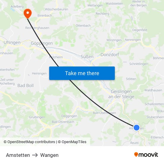 Amstetten to Wangen map