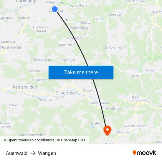 Auenwald to Wangen map