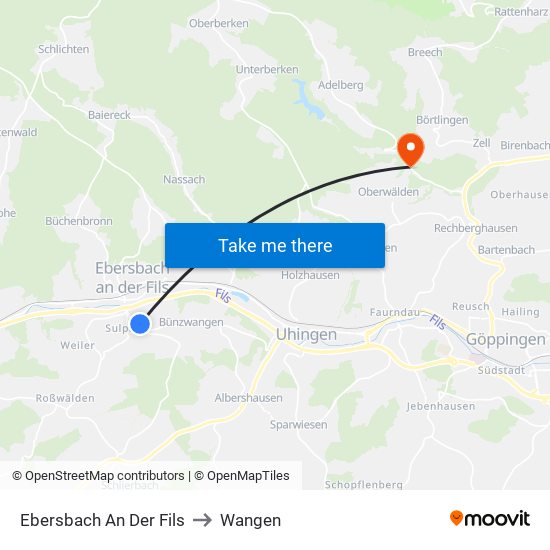 Ebersbach An Der Fils to Wangen map