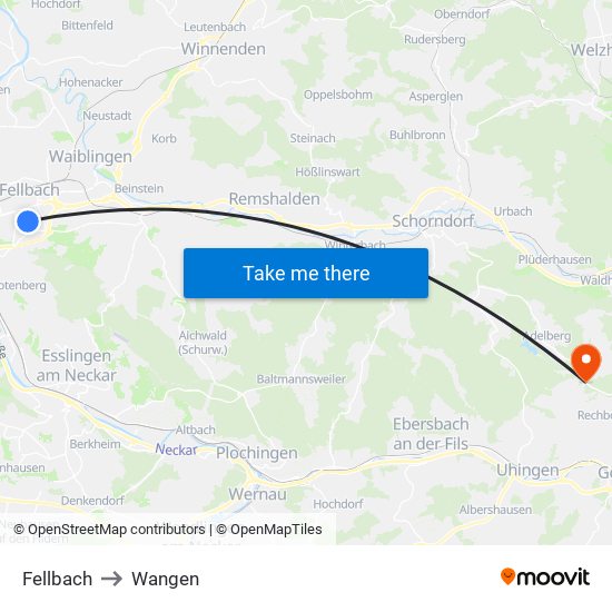 Fellbach to Wangen map