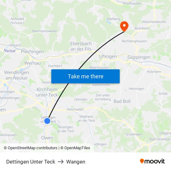 Dettingen Unter Teck to Wangen map