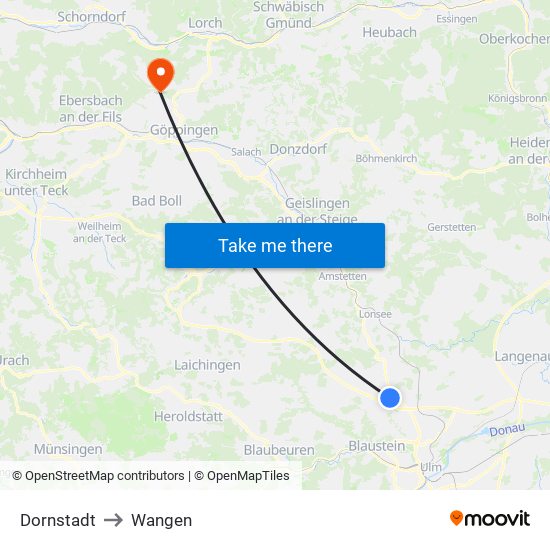 Dornstadt to Wangen map