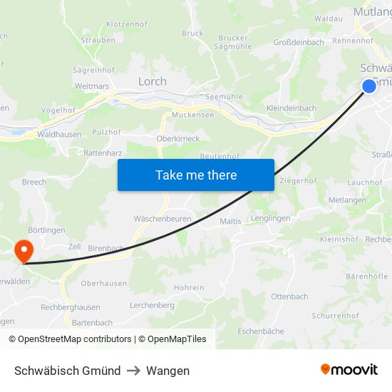 Schwäbisch Gmünd to Wangen map