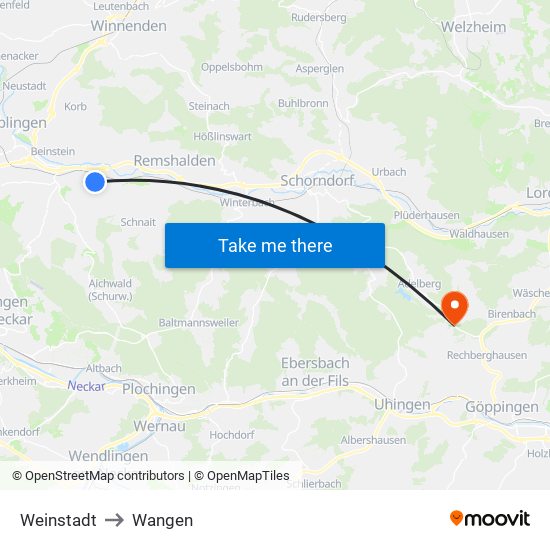 Weinstadt to Wangen map