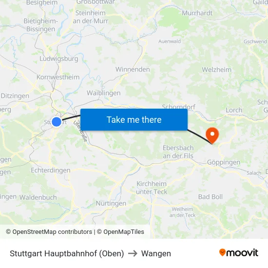 Stuttgart Hauptbahnhof (Oben) to Wangen map