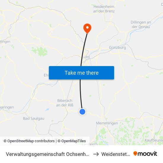 Verwaltungsgemeinschaft Ochsenhausen to Weidenstetten map