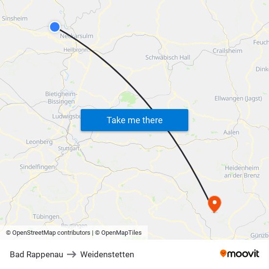 Bad Rappenau to Weidenstetten map