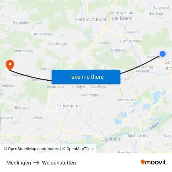 Medlingen to Weidenstetten map