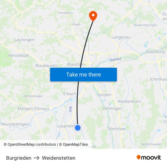 Burgrieden to Weidenstetten map
