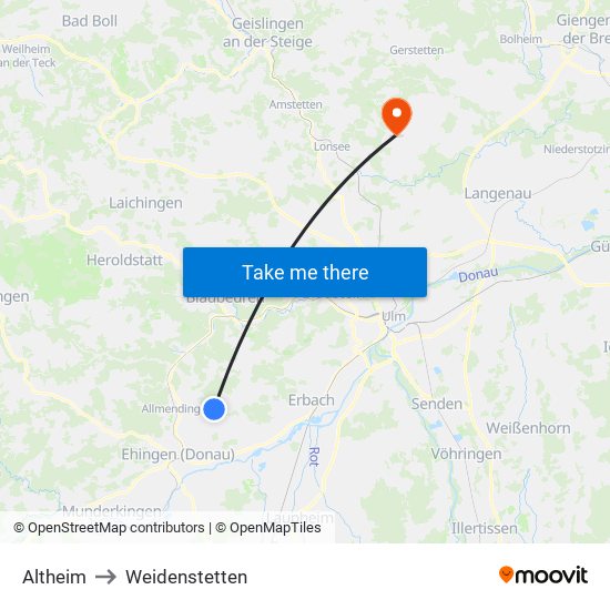 Altheim to Weidenstetten map