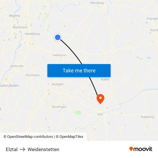 Elztal to Weidenstetten map