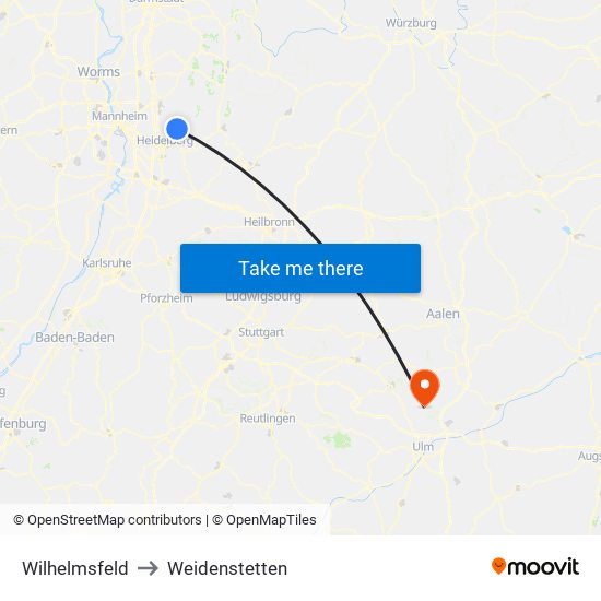 Wilhelmsfeld to Weidenstetten map