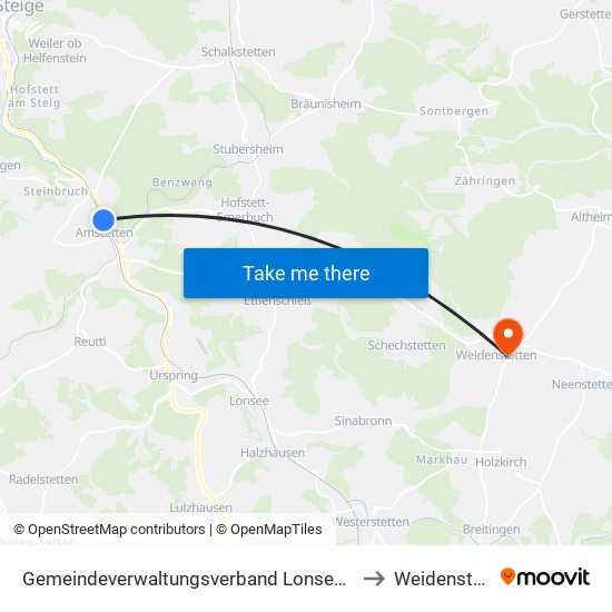 Gemeindeverwaltungsverband Lonsee-Amstetten to Weidenstetten map