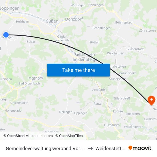 Gemeindeverwaltungsverband Voralb to Weidenstetten map