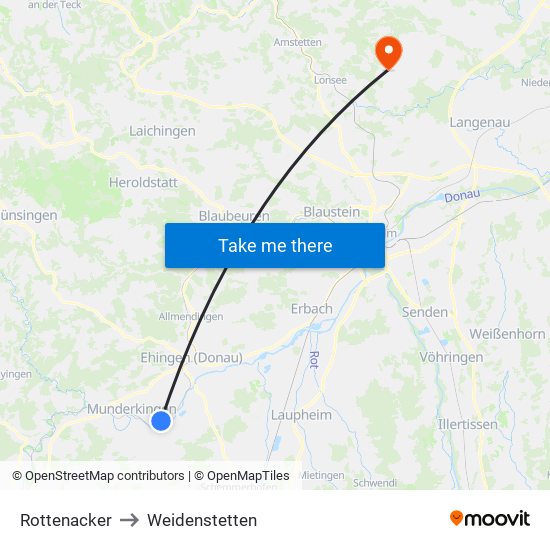 Rottenacker to Weidenstetten map