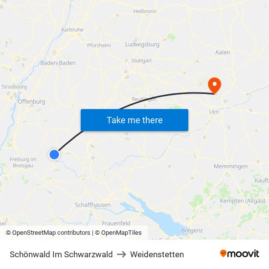 Schönwald Im Schwarzwald to Weidenstetten map