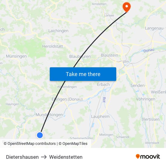 Dietershausen to Weidenstetten map