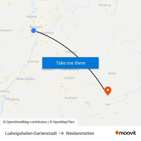 Ludwigshafen-Gartenstadt to Weidenstetten map