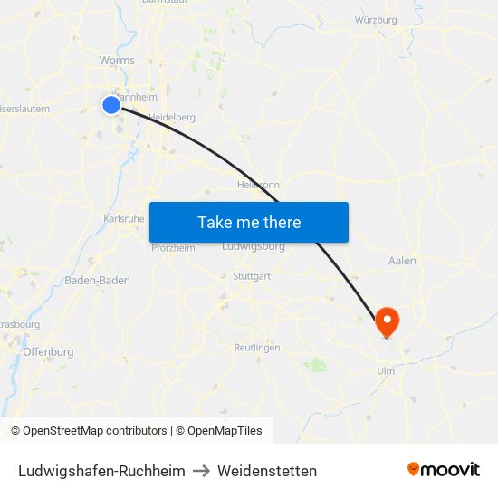 Ludwigshafen-Ruchheim to Weidenstetten map