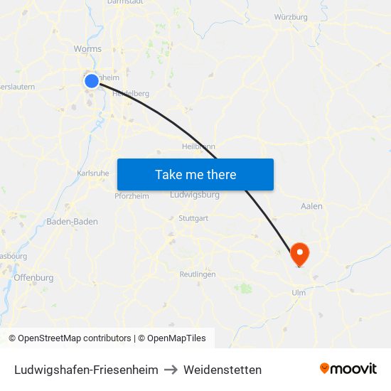 Ludwigshafen-Friesenheim to Weidenstetten map