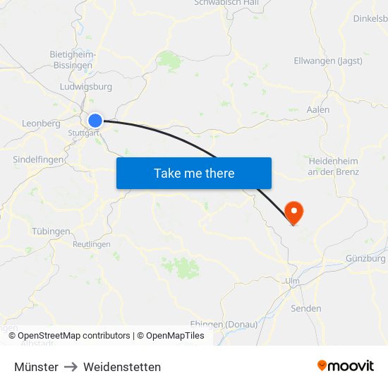 Münster to Weidenstetten map