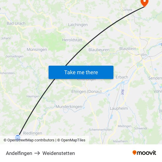 Andelfingen to Weidenstetten map