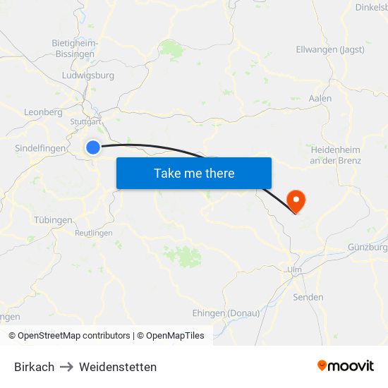 Birkach to Weidenstetten map