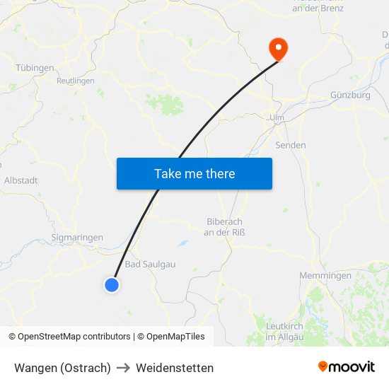 Wangen (Ostrach) to Weidenstetten map