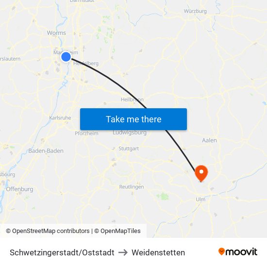 Schwetzingerstadt/Oststadt to Weidenstetten map