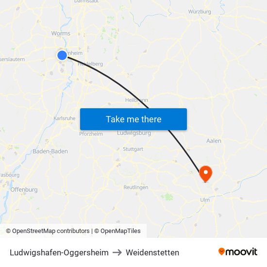 Ludwigshafen-Oggersheim to Weidenstetten map
