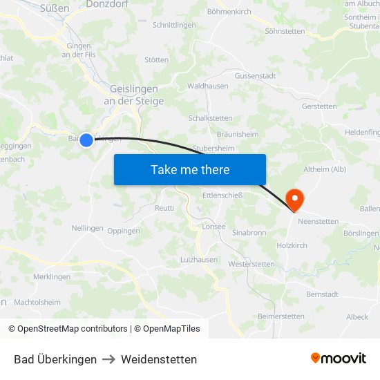 Bad Überkingen to Weidenstetten map