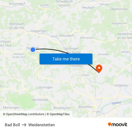 Bad Boll to Weidenstetten map