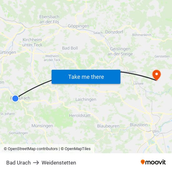 Bad Urach to Weidenstetten map