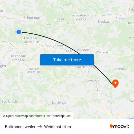 Baltmannsweiler to Weidenstetten map