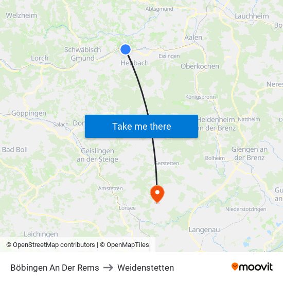 Böbingen An Der Rems to Weidenstetten map