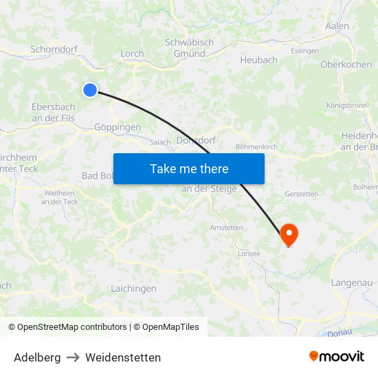 Adelberg to Weidenstetten map