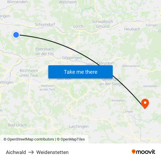 Aichwald to Weidenstetten map