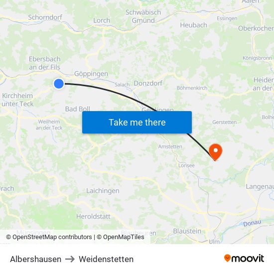 Albershausen to Weidenstetten map
